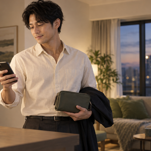 仕事帰りにスマートフォンで予定を確認する男性