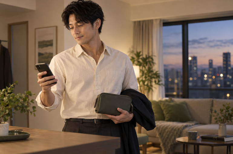 仕事帰りにスマートフォンで予定を確認する男性